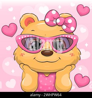 Niedliches Cartoon-Bärenmädchen mit rosa Brille und Haarschleife. Vektor-Illustration eines Tieres auf rosa Hintergrund mit Herzen. Stock Vektor