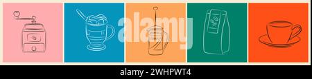 Coffee Elements Linie Art Vektor Illustration Stock Vektor