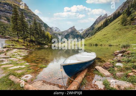 Wunderschöner Blick auf den Seealpsee und Boot im Alpsteingebirge im Sommer in Appenzell, Schweiz Stockfoto