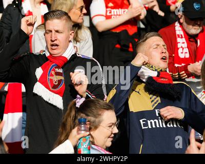 Borehamwood, Großbritannien. Februar 2024. Borehamwood, England, 11. Februar 2024: Fans von Arsenal vor dem Adobe Womens FA Cup Spiel zwischen Arsenal und Manchester City im Mangata Pay UK Stadium (Meadow Park) in Borehamwood, England. (Jay Patel/SPP) Credit: SPP Sport Press Photo. /Alamy Live News Stockfoto