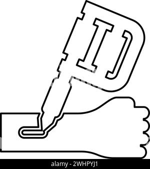 Tätowiermaschine Inking auf Arm Hand Gerät Pistole Haut mit Tinte Handheld elektromagnetische Spule Kontur Umrisslinie Symbol schwarze Farbe Vektor Illustration Stock Vektor