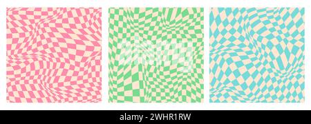 Set mit groovigen Hippie-Hintergründen im 70er-Stil. Schachbrett und verdrehtes Muster. Vektor-psychedelische abstrakte Raster-lustige Hintergrundbild. Retro-Design für Stock Vektor