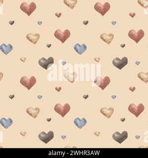 Stilvolles Vintage-Muster mit Wasserfarben-Liebesherzen. Braun und Beige, grauer nahtloser Hintergrund, Digital Papier Boho Textil handgezeichnet. Valentinstag. Stockfoto
