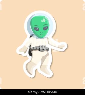 Alien-Aufkleber-Illustration. Grüner Mann, Sterne, UFO, Raumanzug. Editierbares Vektorgrafik-Design. Stock Vektor
