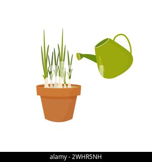 Zwiebeln im Topf, Schere und Gießen. Home-Growing-Konzept im Cartoon-Stil für Karten, Druck, Aufkleber, Stock Vektor