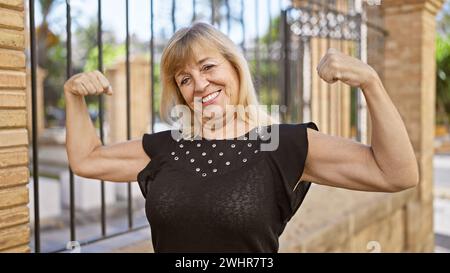 Fröhliche blonde Frau mittleren Alters, die Selbstvertrauen ausstrahlt, lächelt und eine kräftige Geste auf einer sonnigen Straße demonstriert. Stockfoto