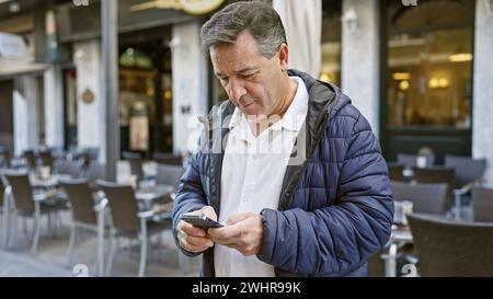 Ein reifer Mann benutzt Smartphone auf der Terrasse des Cafés Stockfoto