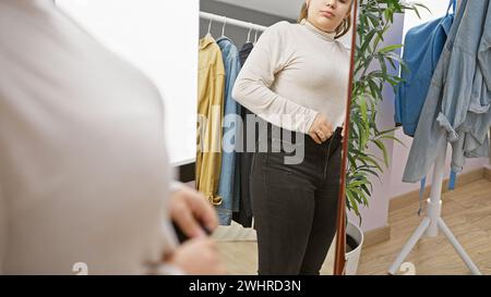 Die junge hispanische Frau probiert Kleidung in einem gut beleuchteten Ankleidezimmer an, die Stil und Schönheit widerspiegelt. Stockfoto