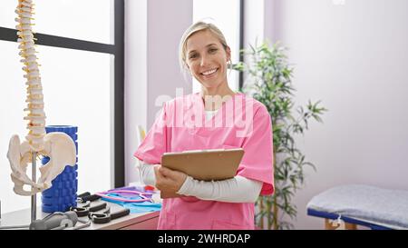 Lächelnde kaukasierin in rosafarbenen Schutten, die in einer hellen Physiotherapie-Klinik mit Ausrüstung eine Klemmplatte hält Stockfoto