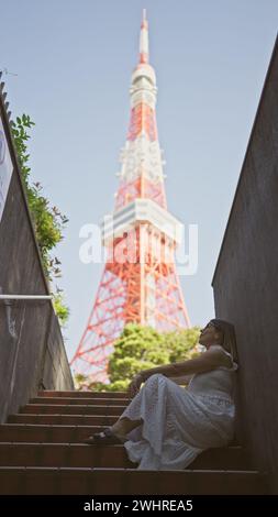 Wunderschöne hispanische Frau in Brille auf Treppen, ein Porträt der städtischen Moderne an tokios berühmtem Turmspot Stockfoto