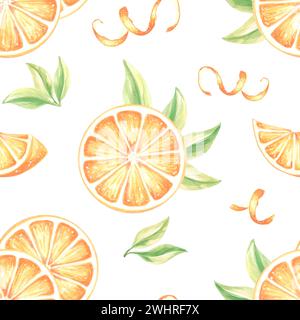 Nahtloses Muster mit runden Orangenscheiben, Blättern und Schalen. Aquarell handgezeichnete Illustration von saftigen Zitrusfrüchten. Hintergrundschablone mit Obstpflanze Stockfoto