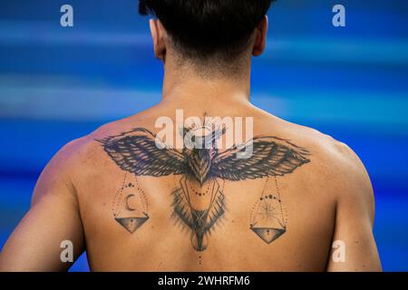 Doha, Katar. Februar 2024. Taucherzüge vor Beginn der Schwimmvorbereitungen während der 21. Aquatikweltmeisterschaft im Aspire Dome in Doha (Katar), 11. Februar 2024. Quelle: Insidefoto di andrea staccioli/Alamy Live News Stockfoto