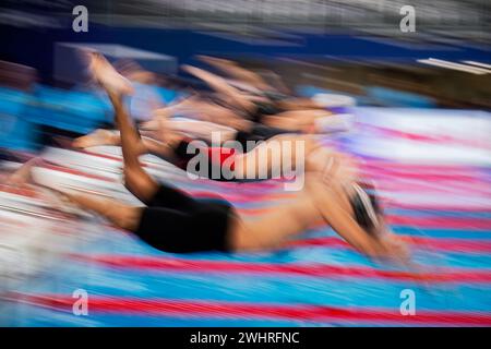 Doha, Katar. Februar 2024. Ein allgemeiner Überblick über die Schwimmvorbereitungen während der 21. Aquatikweltmeisterschaft im Aspire Dome in Doha (Katar), 11. Februar 2024. Quelle: Insidefoto di andrea staccioli/Alamy Live News Stockfoto