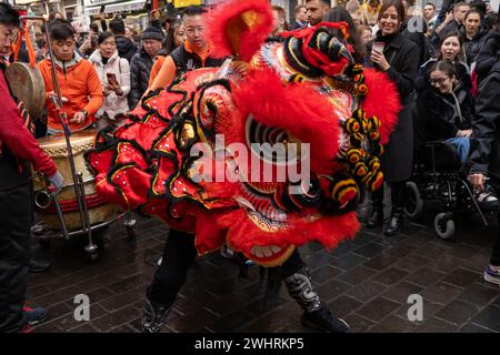 Menschenmassen versammeln sich um einen Drachentänzer in China Town, London. Tausende feiern das chinesische Neujahr, das Jahr des Drachen. Stockfoto