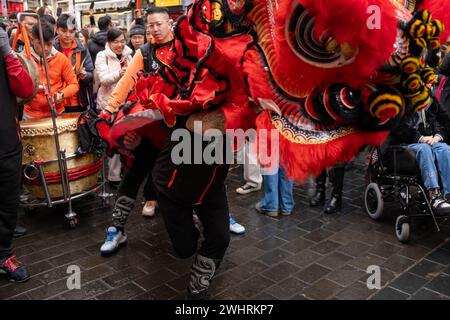 Menschenmassen versammeln sich um einen Drachentänzer in China Town, London. Tausende feiern das chinesische Neujahr, das Jahr des Drachen. Stockfoto