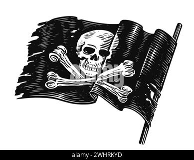 Piratenfahne mit Schädel und gekreuzten Knochen. Handgezeichnetes Jolly Roger Banner. Skizzieren Sie Vintage-Illustrationen Stockfoto