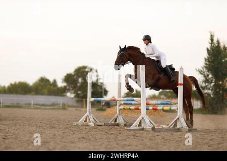 Seitenansicht eines Dressurpferdes im Gurtzeug mit Reiterjockey in Helm und weißer Uniform beim Springreiten. Stockfoto