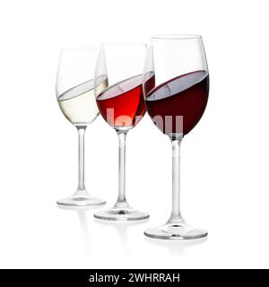 Rot-, Rosen- und Weißwein im Glas, isoliert Stockfoto