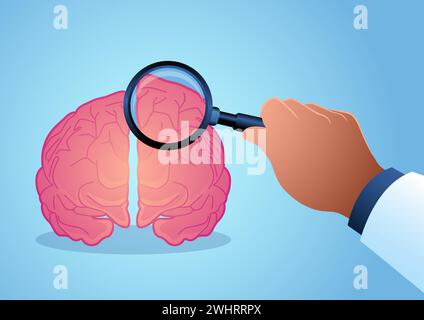 Vektorabbildungen einer Arzthand, die ein menschliches Gehirn mit einer Lupe analysiert. Neurologenkonzept Stock Vektor