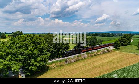 Drohnenansicht eines Dampfeisenzugs, der durch wunderschöne landwirtschaftliche Gebiete in Grün und Reichtum reist Stockfoto