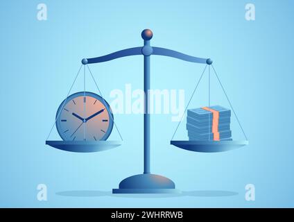 Geschäftskonzept Illustration einer Uhr und Banknoten auf einer Skala, Vektorillustration Stock Vektor