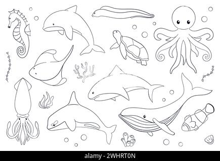 Unterwassertiere in Linienart, flacher Stil. Oktopus, Korallenclown, Delfin, Killer, Wal, Muraena, Muränen, Seepferdchen, Tintenfisch, Stachelrochen, Schildkröte Stock Vektor