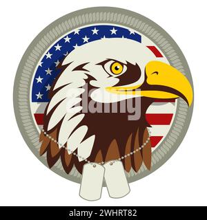 Vektor-Illustration des amerikanischen Weißkopfadlers, der militärische Hundemarke trägt, amerikanisches Wappen Stock Vektor