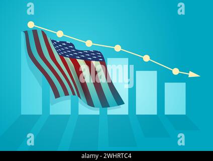 Vektor-Illustration einer Flagge der Vereinigten Staaten von Amerika auf abnehmendem Grafikdiagramm, Inflation, Rezessionskonzept Stock Vektor