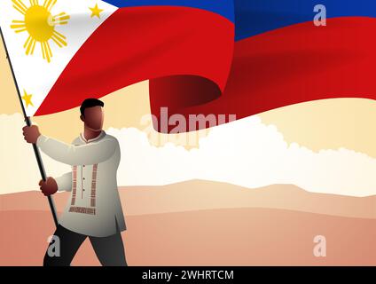 Filipino trägt traditionelle philippinische Kleidung mit der Flagge der Philippinen, Unabhängigkeitstag, Vektor-Illustration Stock Vektor