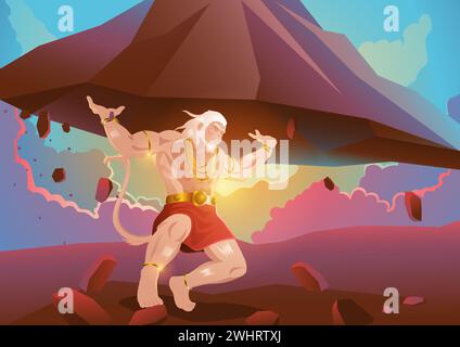 Fantasy-Kunst-Illustration von Hanuman, der den Dronagiri-Berg hochhebt, indischer Gott des Hindu, Vektorillustration Stock Vektor