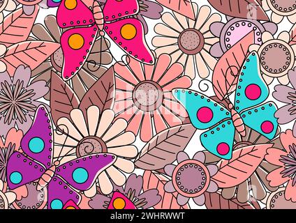 Wandgemälde Kritzelkunst von Schmetterlingen und Blumen, nahtloses Muster der Vektorillustration Stock Vektor