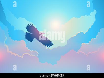 Wunderschöne Silhouette eines Adlers, der über den Wolken fliegt, Vektorillustration Stock Vektor