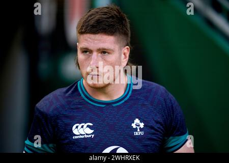 Der irische Joe McCarthy vor dem Spiel der Guinness Six Nations im Aviva Stadium in Dublin, Irland. Bilddatum: Sonntag, 11. Februar 2024. Stockfoto