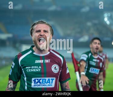 Kalkutta, Indien. Februar 2024. Mohunbagan Super Giants of Kalkata gewinnt gegen den Hyderabad Football Club mit 2-0 im Salt Lake Stadion in ISL 2023-24. (Foto von Amlan Biswas/Pacific Press) Credit: Pacific Press Media Production Corp./Alamy Live News Stockfoto