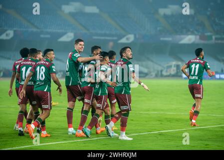 Kalkutta, Indien. Februar 2024. Mohunbagan Super Giants of Kalkata gewinnt gegen den Hyderabad Football Club mit 2-0 im Salt Lake Stadion in ISL 2023-24. (Foto von Amlan Biswas/Pacific Press) Credit: Pacific Press Media Production Corp./Alamy Live News Stockfoto