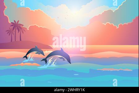 Wunderschönes Panorama des Sonnenuntergangs am Strand, Delfine spielen in der Nähe der tropischen Insel, Vektor-Illustration Stock Vektor