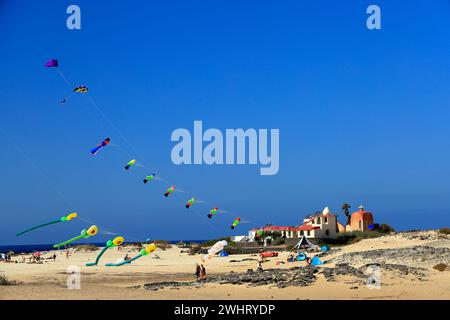 Drachenfliegen, Strand La Concha, El Cotillo, Fuerteventura, Kanarische Inseln, Spanien. Stockfoto