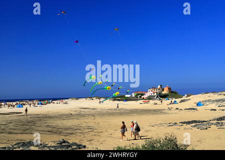 Drachenfliegen, Strand La Concha, El Cotillo, Fuerteventura, Kanarische Inseln, Spanien. Stockfoto