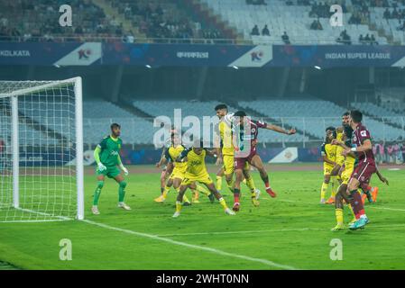 Kalkutta, Indien. Februar 2024. Mohunbagan Super Giants of Kalkata gewinnt gegen den Hyderabad Football Club mit 2-0 im Salt Lake Stadion in ISL 2023-24. (Kreditbild: © Amlan Biswas/Pacific Press via ZUMA Press Wire) NUR REDAKTIONELLE VERWENDUNG! Nicht für kommerzielle ZWECKE! Stockfoto