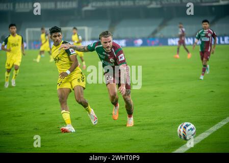 Kalkutta, Indien. Februar 2024. Mohunbagan Super Giants of Kalkata gewinnt gegen den Hyderabad Football Club mit 2-0 im Salt Lake Stadion in ISL 2023-24. (Kreditbild: © Amlan Biswas/Pacific Press via ZUMA Press Wire) NUR REDAKTIONELLE VERWENDUNG! Nicht für kommerzielle ZWECKE! Stockfoto