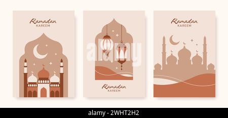 Sammlung von Boho-ästhetischen Ramadan-Kareem-Plakaten. Islamische minimalistische moderne Designvorlagen. Vektorabbildung Stock Vektor
