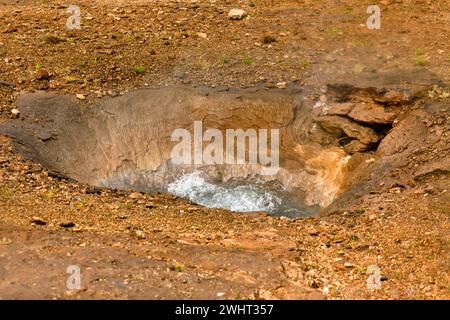 Kleiner Geysir kocht. Island, Geysirtal Stockfoto