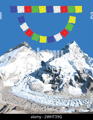 Mount Everest Lhotse und Nuptse von Nepal aus gesehen vom Pumori Basislager mit Gebetsfahnen, Vektorgrafik, Mount Everest 8.848 m, Khumbu valle Stock Vektor