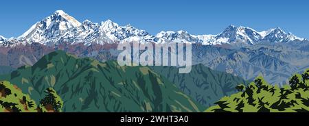 Mount Dhaulagiri und Mt. Annapurna Gipfel, gesehen von Jaljala Pass Vektor Illustration, Nepal Himalaya Berge Stock Vektor