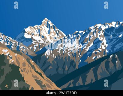 Vektordarstellung des Mount Nanda Devi, einer der besten Berge im indischen Himalaya, gesehen von Joshimath Auli, Uttarakhand, Indien, indischer Himalaya Berg Stock Vektor