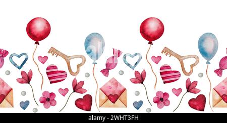 Nahtlose Borte mit Herzen in Aquarellfarben, Umschlag, Süßigkeiten, rotem und blauem Ballon und Schlüssel. Handgezeichnete romantische Kunst zum valentinstag, Liebeskarten Stockfoto