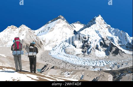 Mount Everest Lhotse und Nuptse von Nepal aus gesehen vom Pumori Basislager mit zwei Wanderern, Vektorillustration, Mount Everest 8.848 m, Khumbu-Tal, Stock Vektor