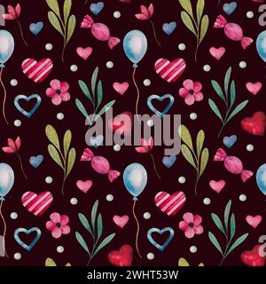 Nahtloses Muster mit Aquarellherzen, Blumen, blauem Ballon und Perle. Handgezeichnete romantische Kunst zum valentinstag, Liebeskarten, Hochzeitsdesign. Stockfoto