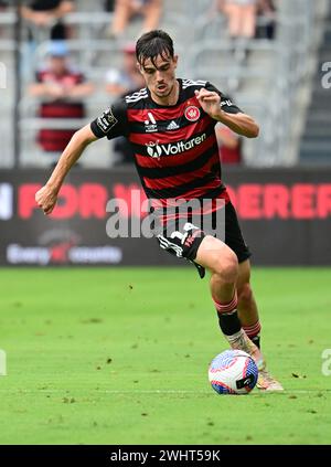 Parramatta, Australien. Februar 2024. Nicolas Milanovic vom Western Sydney Wanderers FC wurde während des Spiels der A-League 2023/24 in Runde 16 zwischen Western Sydney Wanderers FC und Newcastle Jets im CommBank Stadium in Aktion gesehen. Endpunktzahl: Western Sydney Wanderers 3:3 Newcastle Jets. Quelle: SOPA Images Limited/Alamy Live News Stockfoto