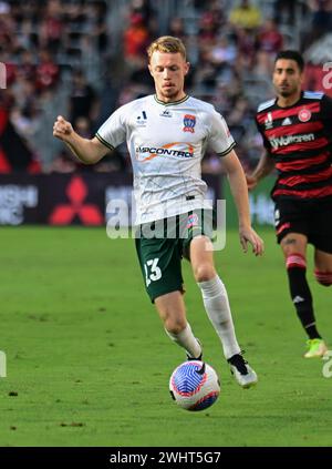 Parramatta, Australien. Februar 2024. Daniel Wilmering von Newcastle Jets wurde während des Spiels der A-League 2023/24 in Runde 16 zwischen Western Sydney Wanderers FC und Newcastle Jets im CommBank Stadium in Aktion genommen. Endpunktzahl: Western Sydney Wanderers 3:3 Newcastle Jets. Quelle: SOPA Images Limited/Alamy Live News Stockfoto